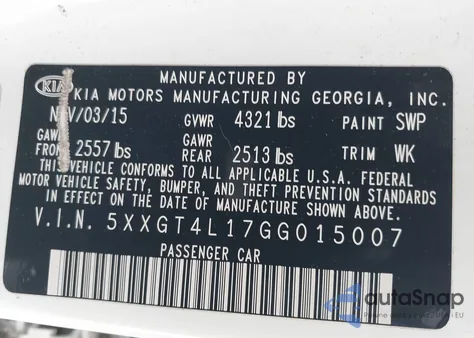 2016 Kia Optima Lx Turbo from USA, damaged, VIN 5XXGT4L17GG015007